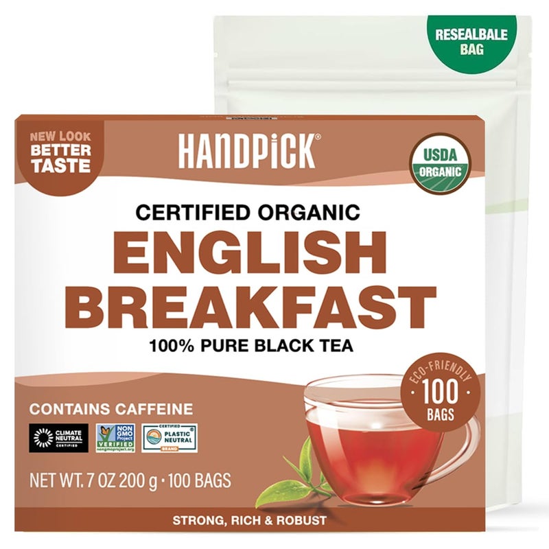 HANDPICK, Organic English Breakfast Black Tea Bags (100 Count) USDA Organic, Non-GMO | Strong, Robust, High-Caffeine Black Tea | Eco-conscious Tea Bags, Brew English Breakfast Tea & Kombucha Tea - Image 1